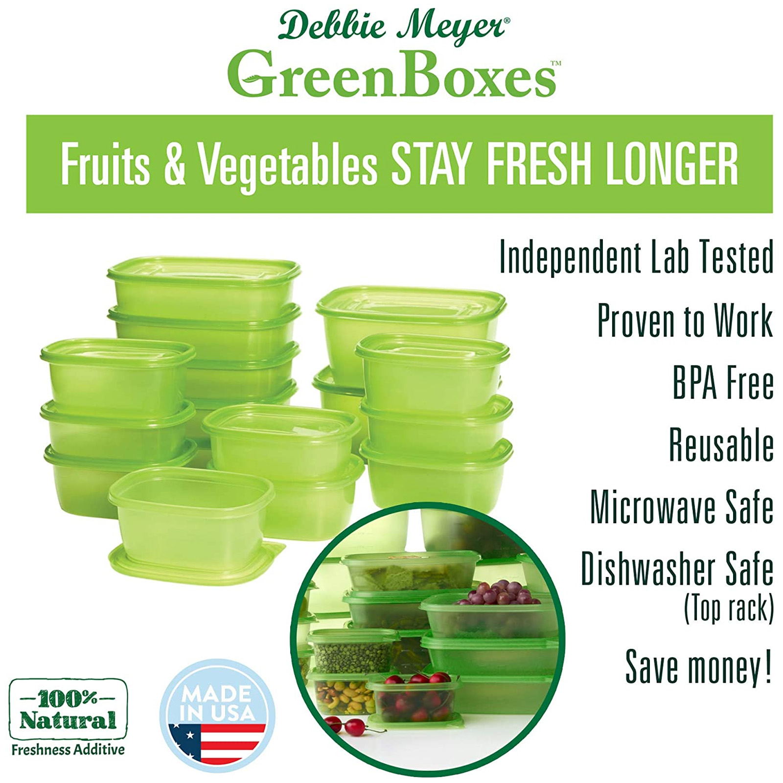 Debbie Meyer Green Bags GreenBoxes 74 Piece Set - Fresh Fruit Veggie  Containers